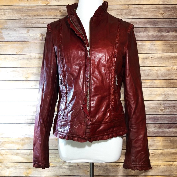 Nordstrom Kenna-T Burgundy Ruffle Leather Jacket - Picture 1 of 8